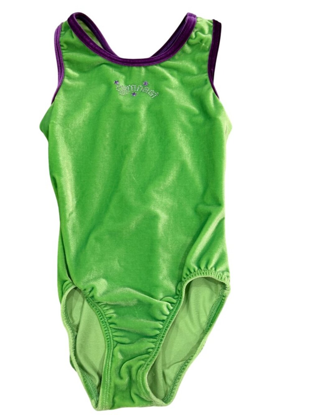 GK Velvet Green Gymnastics Leotard Purple Trim & Rhinestone Detail Size L